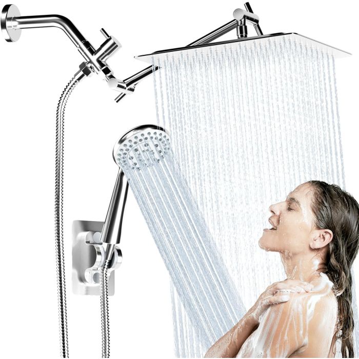 Combo de Cabezal de Ducha Lluvia 8" y Mano Ducha Multifunción, Cromo