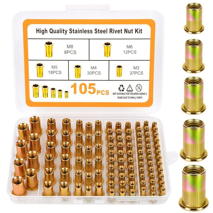 Kit de tuercas remachables de acero inoxidable 105 piezas