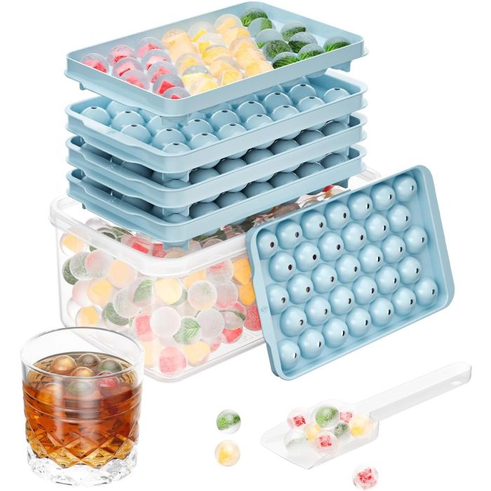 Optish Pack 3 Moldes de Hielo Redondos con Tapa y Bandeja Azul