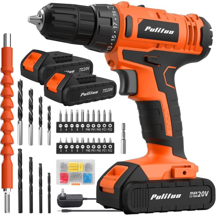 Taladro Atornillador Inalámbrico PULITUO 20V, 30Nm, 2 Velocidades, 2 Baterías
