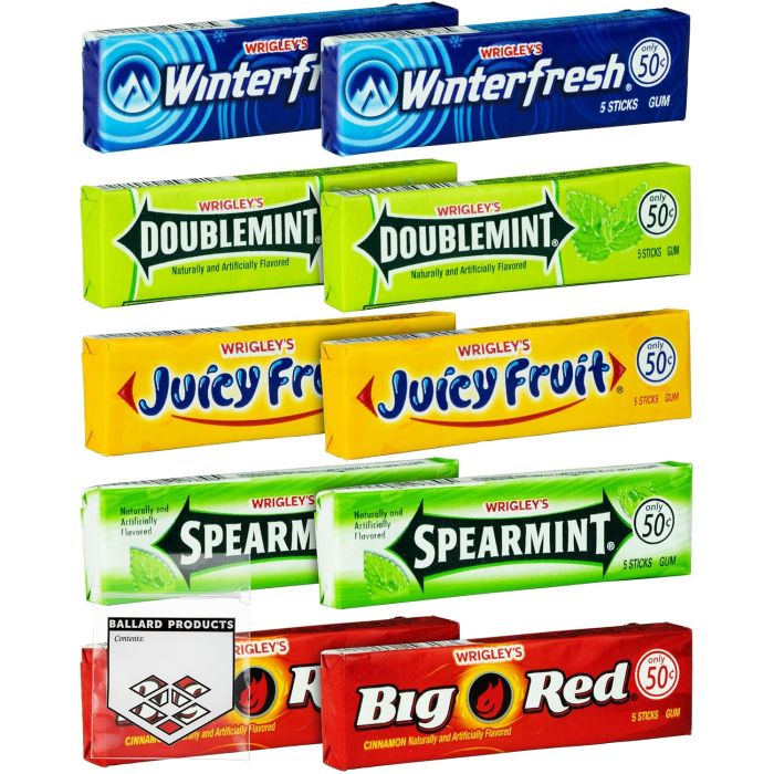 Wrigley Chicle Pack de 10 Unidades - 5 Sabores - Juicy Fruit, Spearmint, Doublemint, Winter Fresh, Big Red
