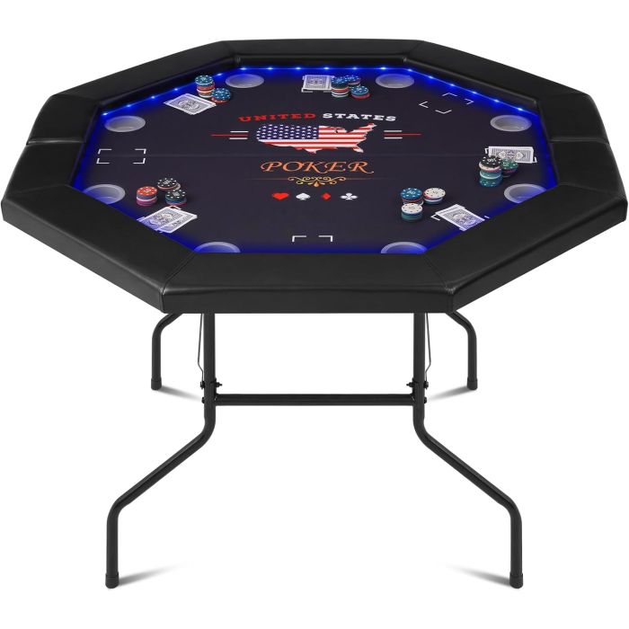 Mesa de Poker Oval Octogonal de 8 jugadores con luces LED, 122 cm de plegado casino