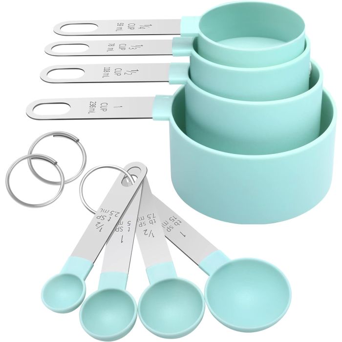 Set de 8 Tazas y Cucharas Medidoras, Acero Inoxidable y Plástico