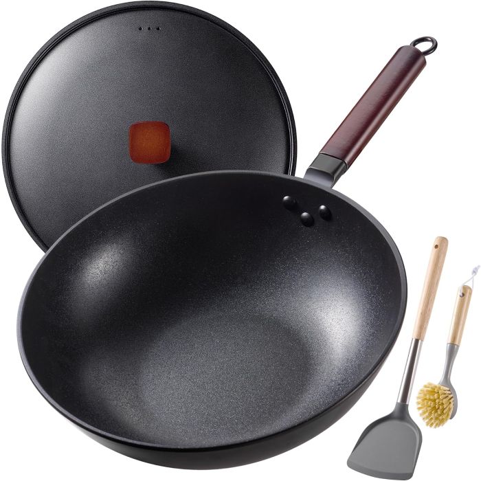 Teewe Wok de Acero Carbono 13 pulgadas Antiadherente con Tapa y Espátula