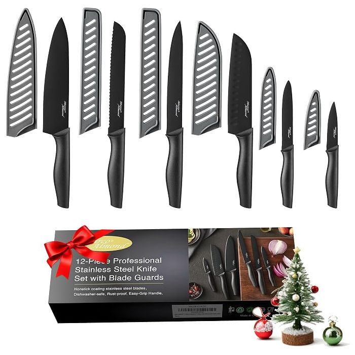 Set Cuchillos Cocina 12 Piezas Acero Inoxidable Negro con Fu