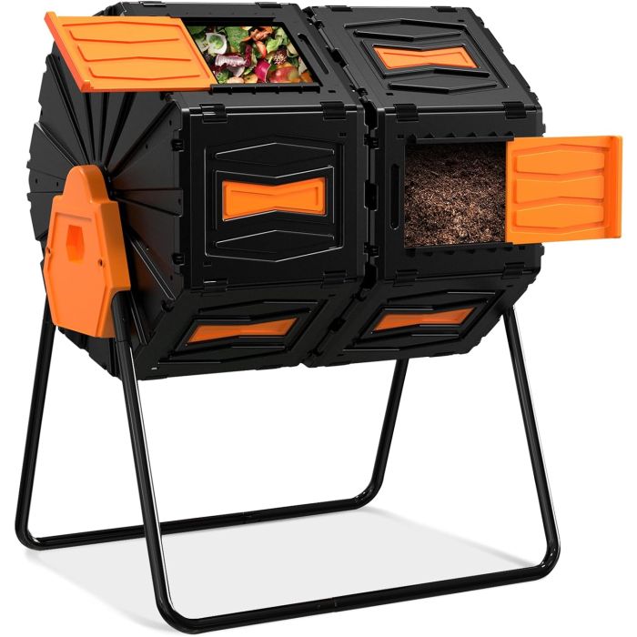 Compost Tumbler, Easy Assemble & Efficient Outdoor Compost Bin, 45 Gallon/170 Liter Large Dual Chamber Rotating Composter for Garden, Kitchen, and Yard Waste, Orange Door
