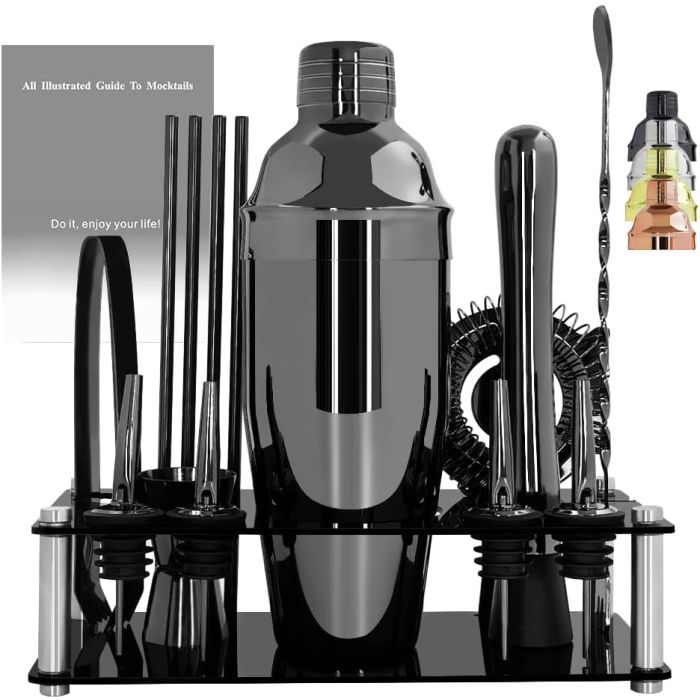 Set de 14 Piezas para Bartender con Coctelera 750ml y Base Negra