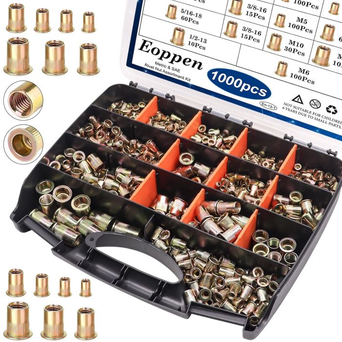 Kit de 1000 tuercas remachables SAE y métricas, acero al carbono, zinc