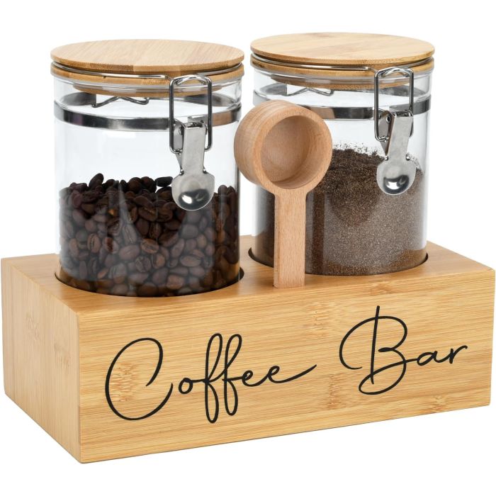 Set de 2 Tarros de Vidrio para Café con Estante de Bambú y Cuchara