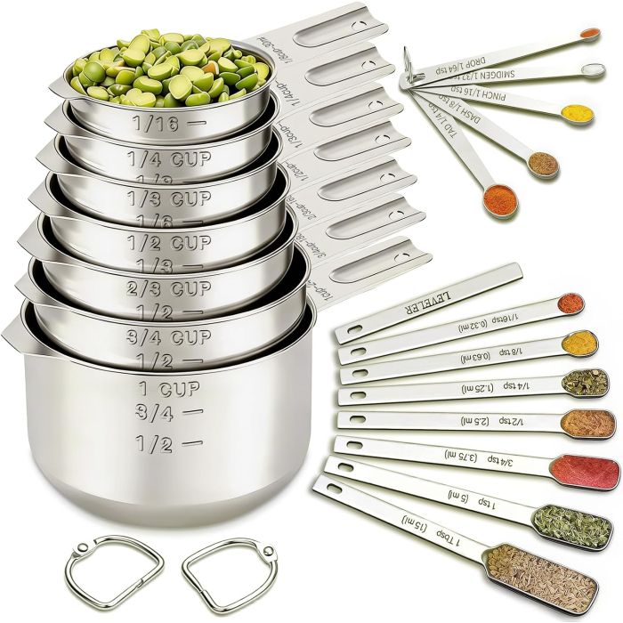 Juego de 21 Piezas de Cucharas y Tazas Medidoras de Acero Inoxidable