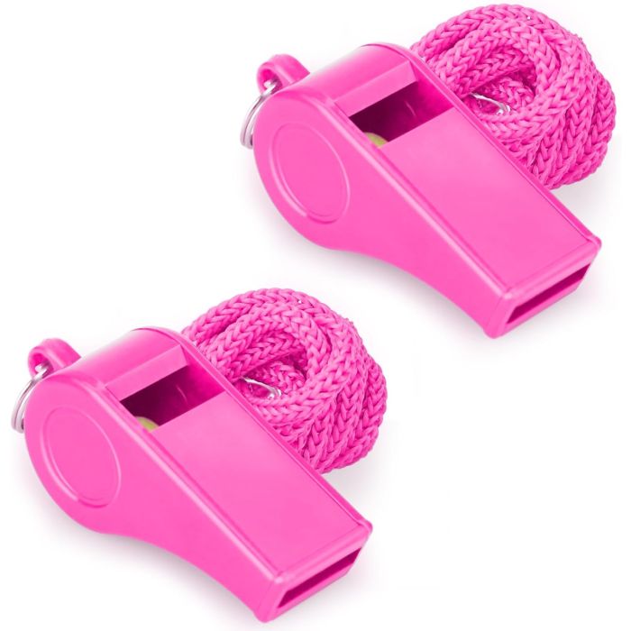 Silbatos plásticos rosas con cordón, pack 2 unidades