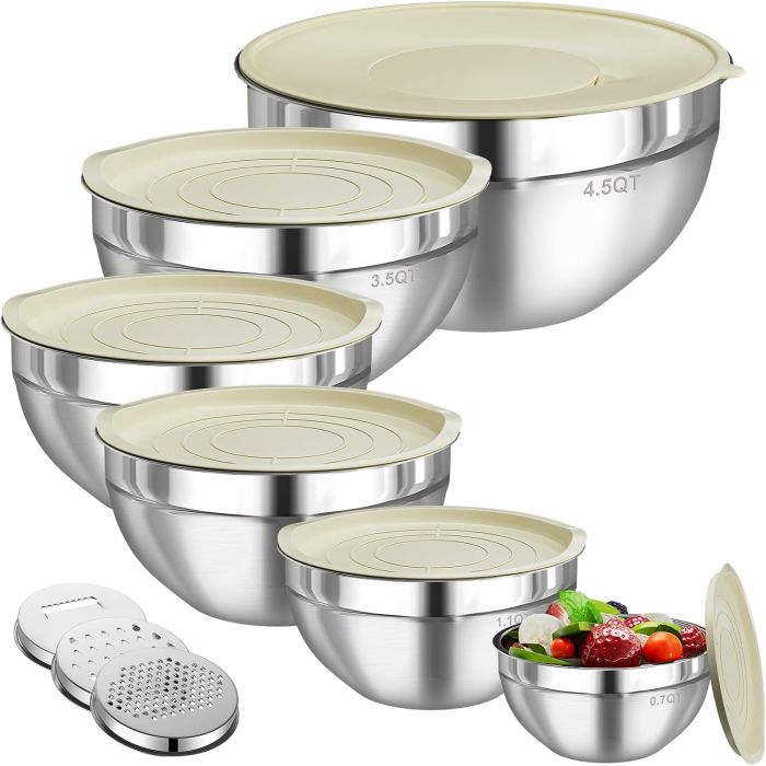 Set de 6 Tazones Mezcladores de Acero Inoxidable con Tapas y Ralladores