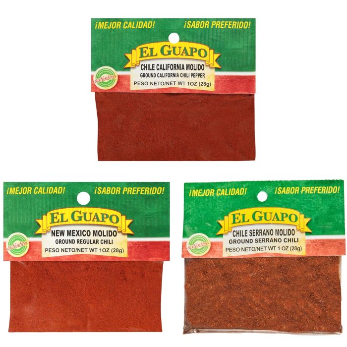 Pack Variedad de Chile Molido El Guapo, Incluye Chile California, Nuevo México y Serrano, 3 oz