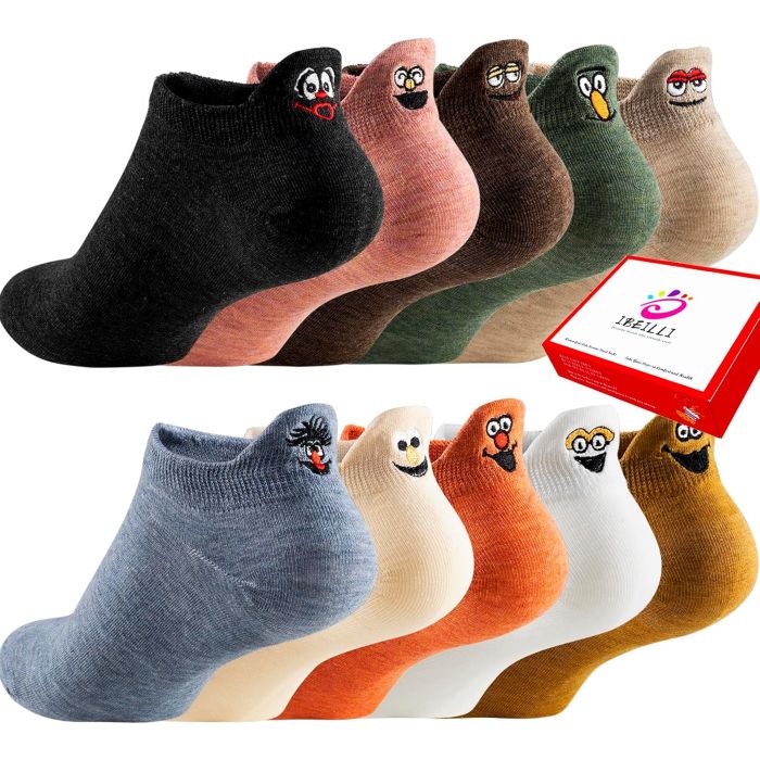 IBEILLI Medias Tobilleras Mujer 10 Pares Algodón Divertidas Bordadas