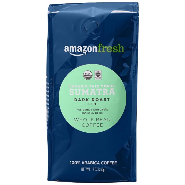 Café Orgánico Fair Trade Sumatra en Grano, Tostado Oscuro, 12 Onzas