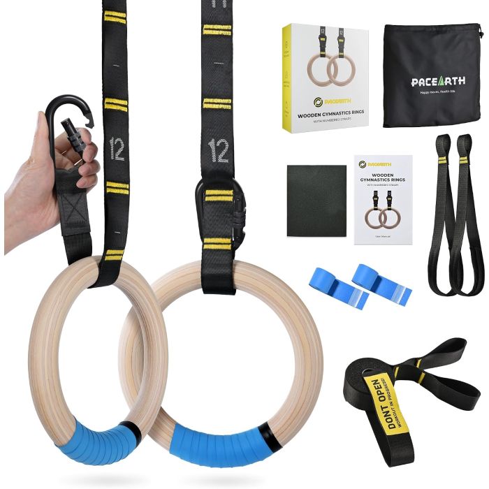 Anillas de gimnasia de madera PACEARTH 32 mm 680 kg con correas