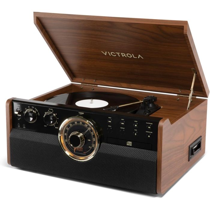 Victrola The Empire Mid-Century 6-in-1 Turntable & Multimedia Center con Parlantes Integrados