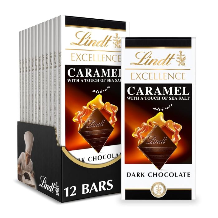 Lindt EXCELLENCE Barra Chocolate Amargo Caramelo y Sal Marina 3.5 oz (Pack 12)