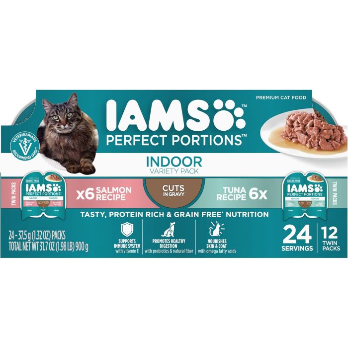 IAMS Perfect Portions Alimento Húmedo para Gatos Adultos, Paquete Variado Atún y Salmón, 12 Bandejas