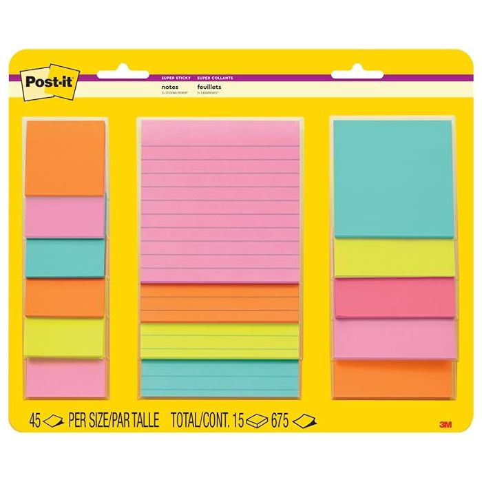 Notas Adhesivas, 15 Pads Multi-Tamaño, Colores Neón