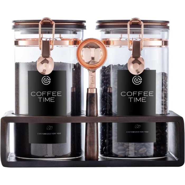 Set de 2 Tarros de Vidrio para Café con Estante de Madera, 45 oz