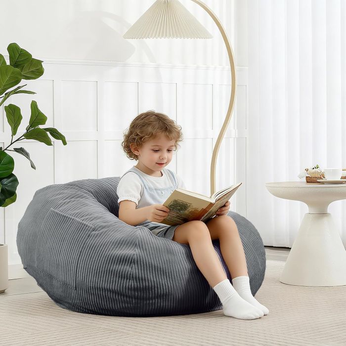 Puff Sillón Saco de Frijoles con Funda de Pana y Relleno de Espuma Viscoelástica, Gris, 2.5FT