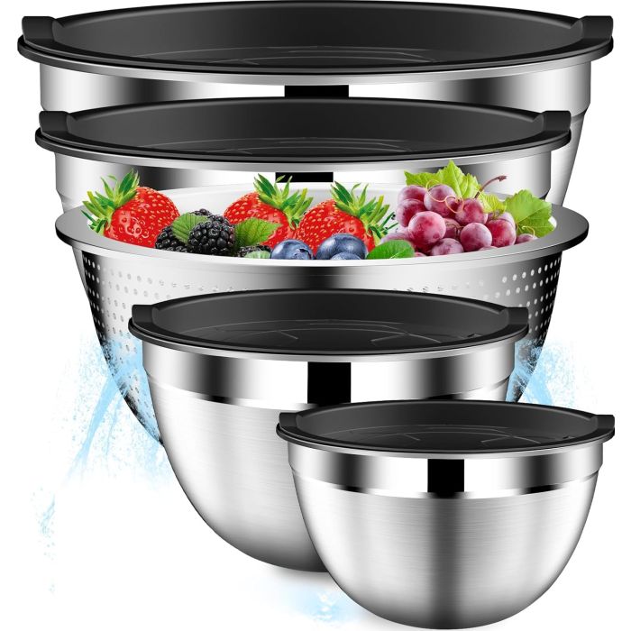 Juego de 4 tazones de acero inoxidable con tapa y colador DUTZUN 4.5QT Negro