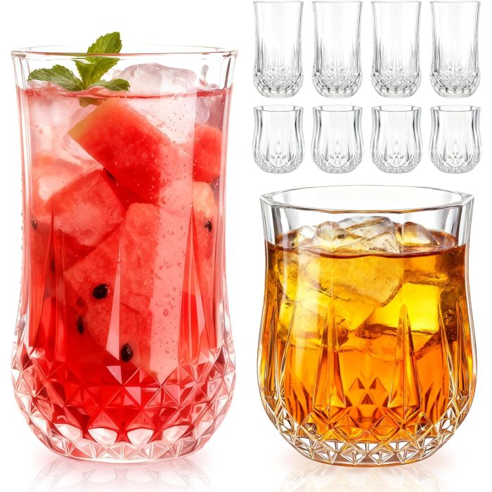 Set de 8 Vasos Ruckae, 11 oz y 7 oz, Vidrio Curvo, Apto Lavavajillas