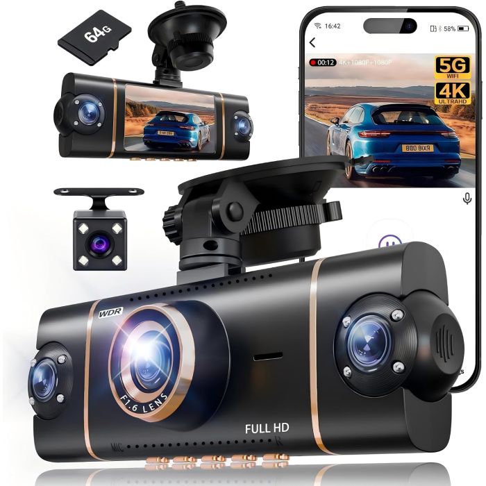 Dash Cam 360° 4K+1080P Car Cámara WiFi App Night Vision