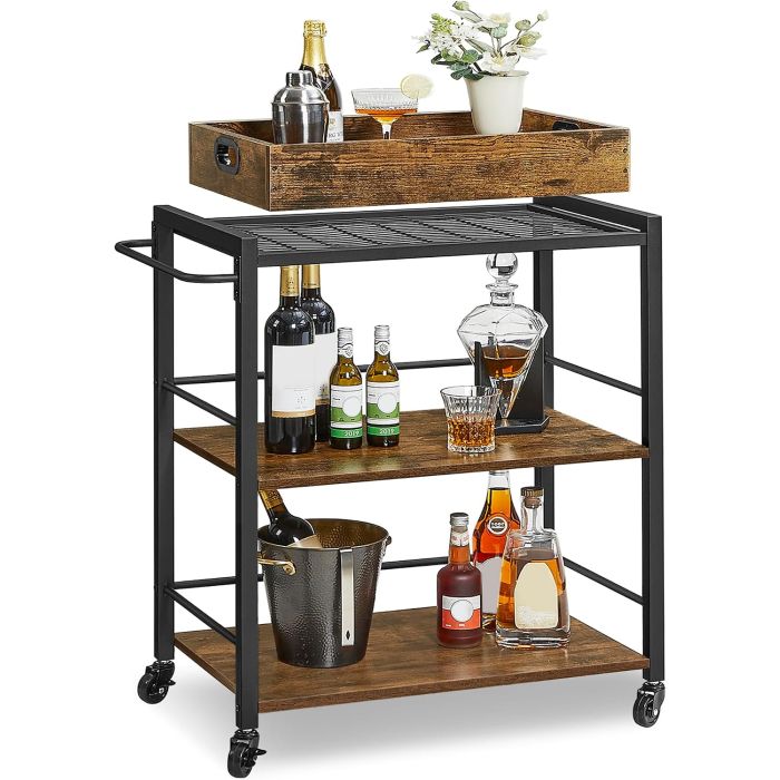 Carrito de cocina VASAGLE con bandeja extraíble, 3 niveles, ruedas y frenos