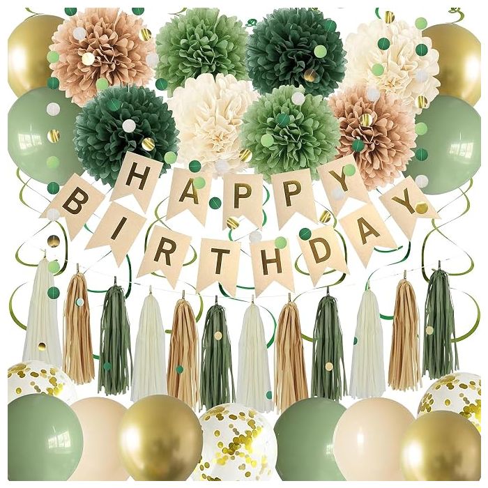 Kit Decoración Fiesta Verde Salvia Incluye Banderín Pompones