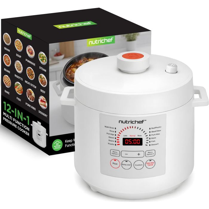 Olla a Presión Eléctrica NutriChef 6 Qt, 12 Funciones, Digital, Blanca