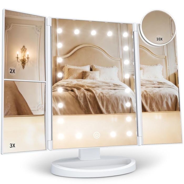 Espejo de Maquillaje HUONUL con Luces, 2X/3X/10X Aumento, Plegable
