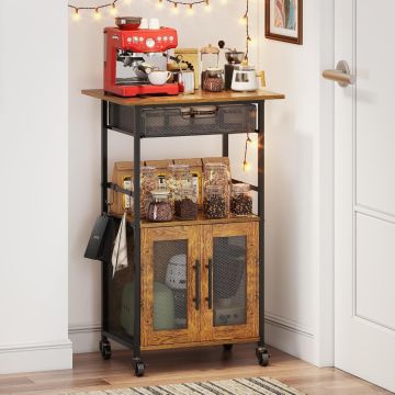 Carrito de Café Rodante 3 Niveles con 2 Puertas y Cajón de Alambre, Mueble Bar Móvil