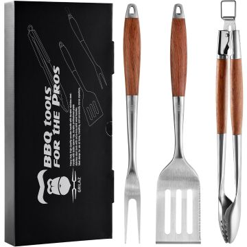 Set de herramientas para parrilla de madera de palo rosa y acero inoxidable