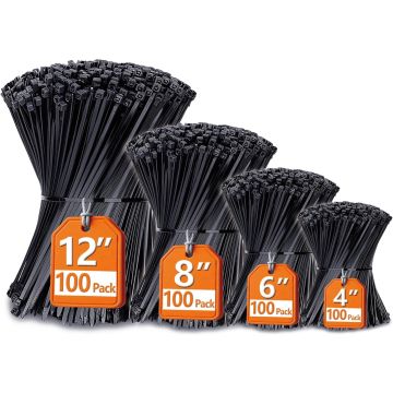 Ataduras de cables negras surtidas 4-12 pulg 400 unidades