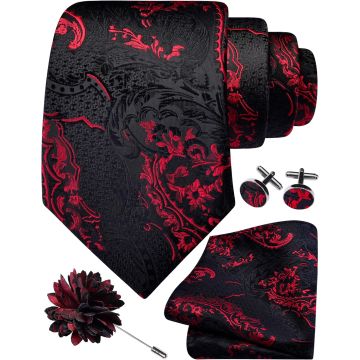 Set de Corbata Paisley 8cm con Alfiler Pañuelo y Gemelos para Hombre