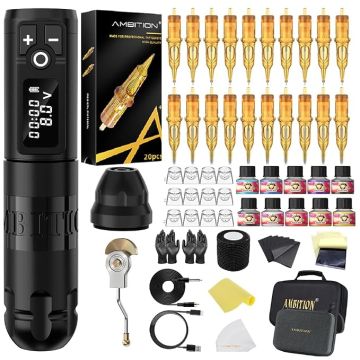 Kit Máquina Tatuar Rotativa Ambition Soldier con Agujas y Pi