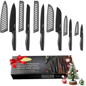 Set Cuchillos Cocina 12 Piezas Acero Inoxidable Negro con Fu