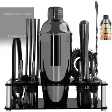 Set de 14 Piezas para Bartender con Coctelera 750ml y Base Negra