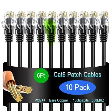 Cable de Red Cat6 6 ft Pack de 10, Parche Ethernet RJ45 Negro