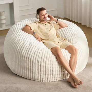 Puff Hobestluk Grande 5ft, Redondo, Blanco, con Cubierta de Piel Sintética