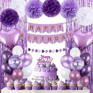 Kit Decoración Fiesta Morado Polvoriento Globos Cortina Band