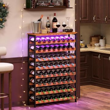Estante para vino con luz LED para 64 botellas, pino y hierro