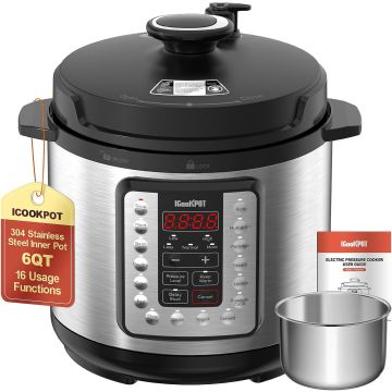 Olla Eléctrica a Presión ICOOKPOT 6 Cuartos, 16 en 1, Acero Inoxidable