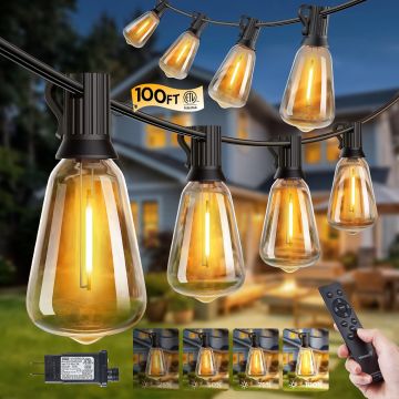 Minetom 100FT Luces Exteriores LED 31 Bombillas ST38 Resistente Agua Control Remoto
