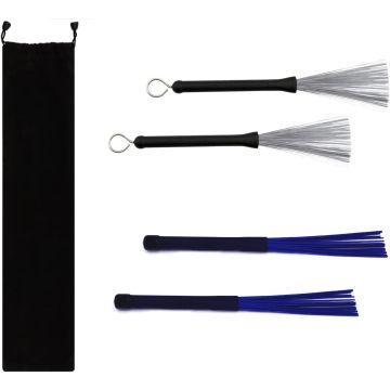 Set de escobillas para batería y percusión, 1 par retráctil y 1 par de nylon