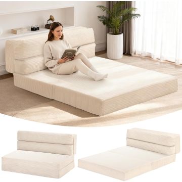 Folding Mattress Queen Size, 3 in 1 Convertible Sofa Bed Corduroy, Fold Out Couch Bed Floor Couch Lounge Sleeper Mattress for Living Room, Guest Room, High-Density Memory Foam 5'' Thickness, Beige