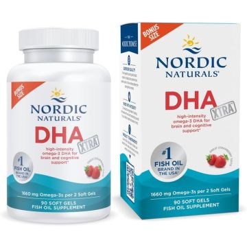 Nordic Naturals DHA Xtra, Fresa - 90 Cápsulas Blandas - 1660 mg Omega-3