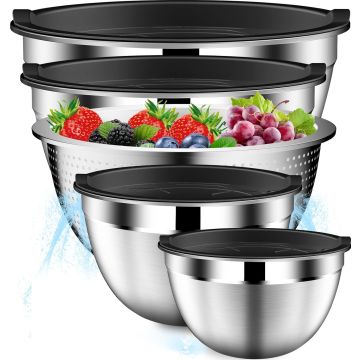 Juego de 4 tazones de acero inoxidable con tapa y colador DUTZUN 4.5QT Negro